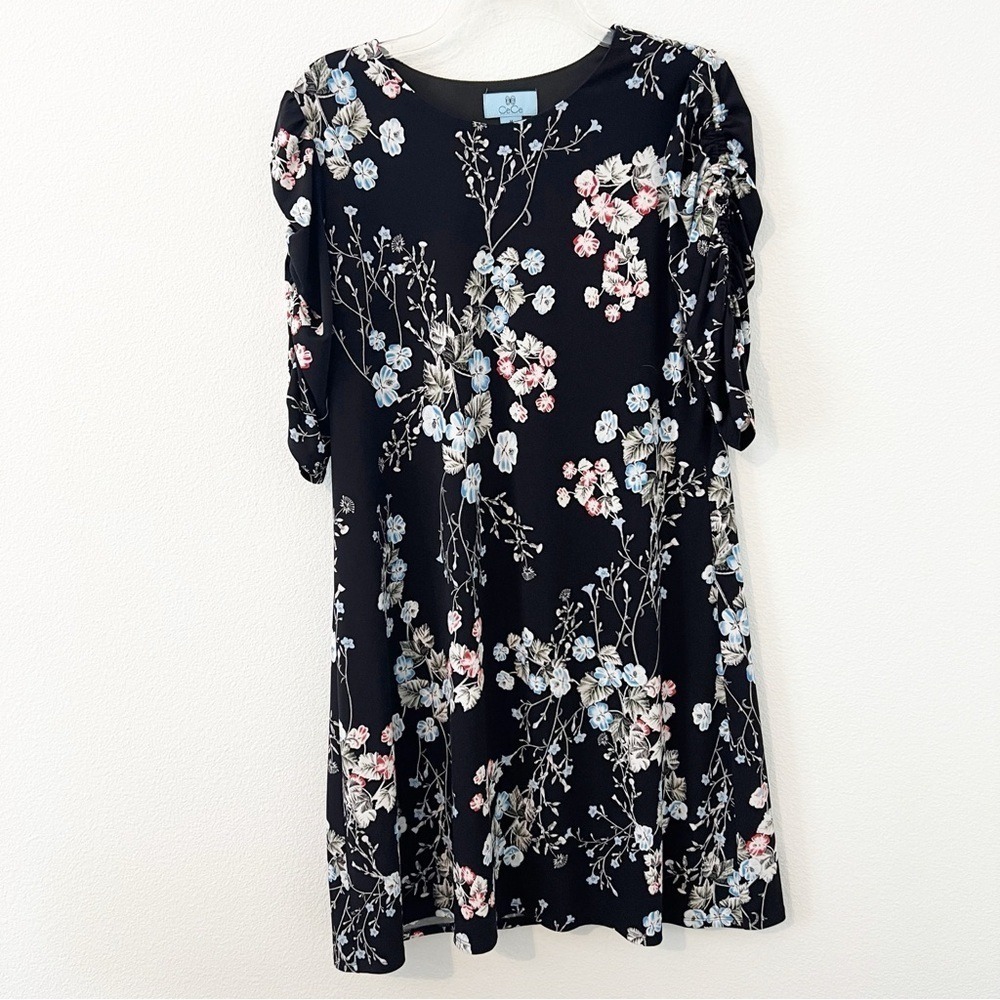 CeCe Black Floral Stretchy Dress Quarter Sleeve Size Medium M